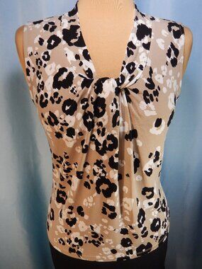 Calvin Klein Taupe/Black/White Sleeveless Knotted V-Neck Career Shell Extra Sm